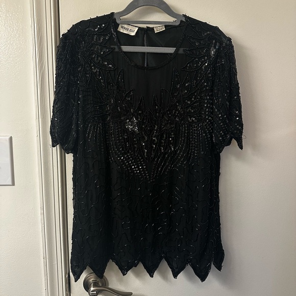 Vintage Tops - Vintage Denise Elle Black Silk Beaded Blouse